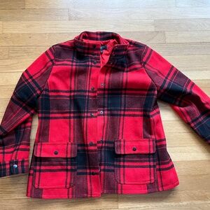 Talbots Red Black Plaid Button Front Coat Wool Blend Cafe Racer Collar Large